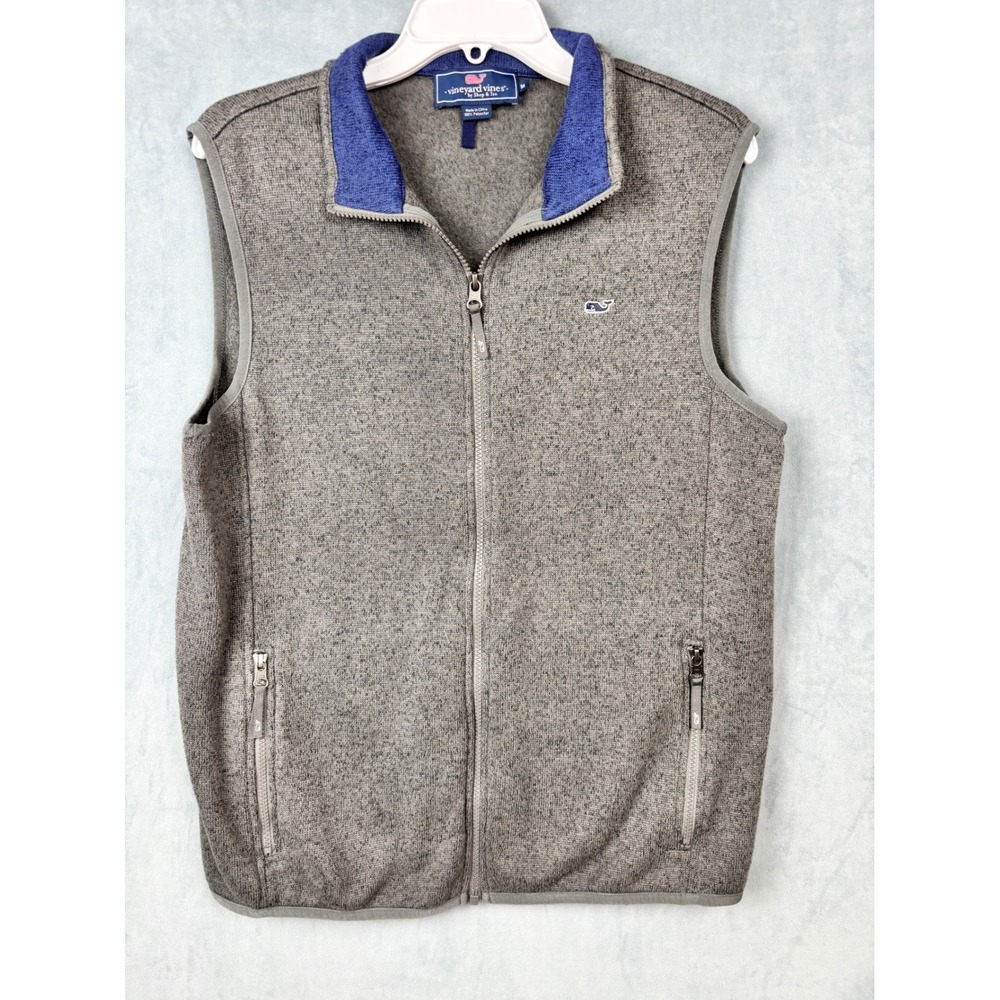 Vineyard Vines Mens Gray Sweater Fleece Full Zip Vest Size Medium Blue Trim